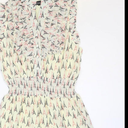 Atelier 61 Womens Ivory Geometric Polyester Shirt Dress Size 8 V-Neck Button