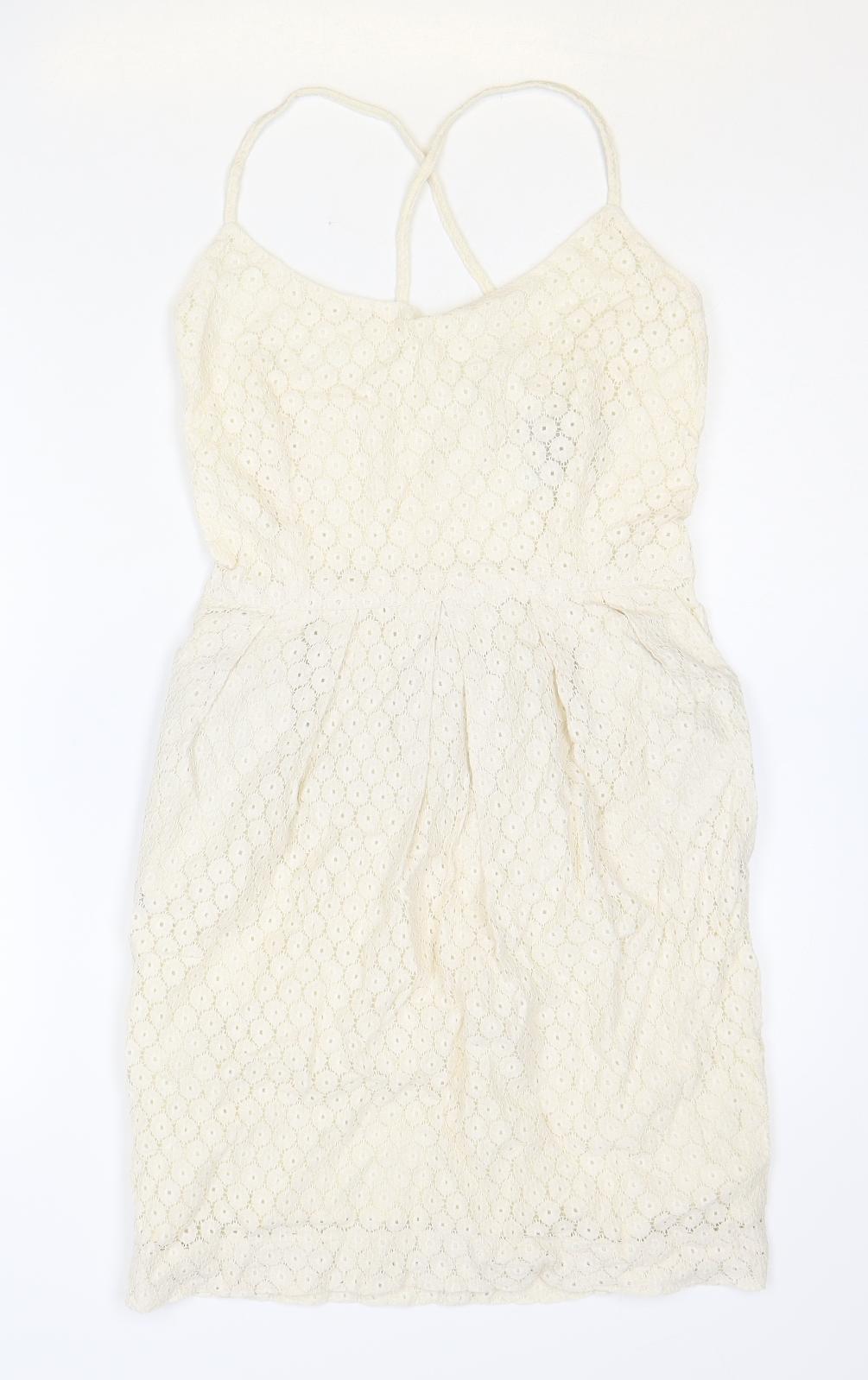 Mango Womens Ivory Cotton A-Line Size XS Scoop Neck Zip