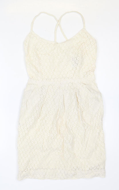 Mango Womens Ivory Cotton A-Line Size XS Scoop Neck Zip