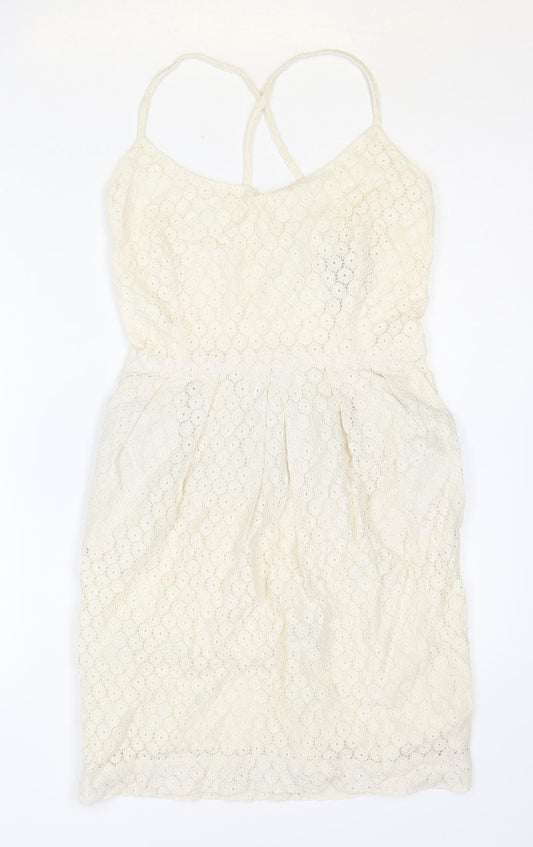 Mango Womens Ivory Cotton A-Line Size XS Scoop Neck Zip