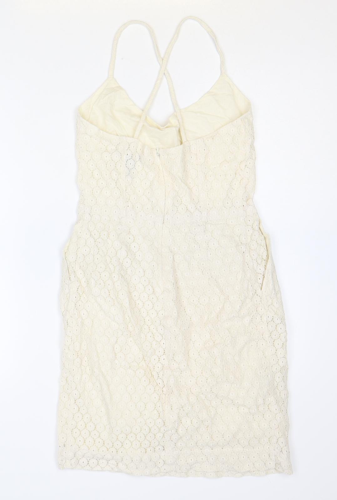 Mango Womens Ivory Cotton A-Line Size XS Scoop Neck Zip