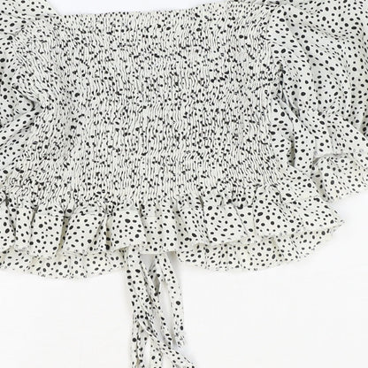 Shein Womens White Geometric Polyester Cropped Blouse Size M V-Neck