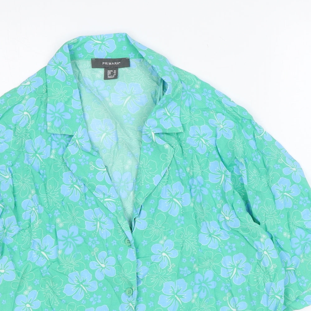 Primark Womens Green Floral Viscose Basic Button-Up Size 12 Collared