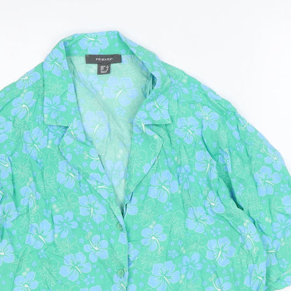 Primark Womens Green Floral Viscose Basic Button-Up Size 12 Collared