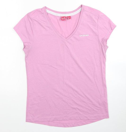 LA Gear Womens Pink Polyester Basic T-Shirt Size 10 V-Neck