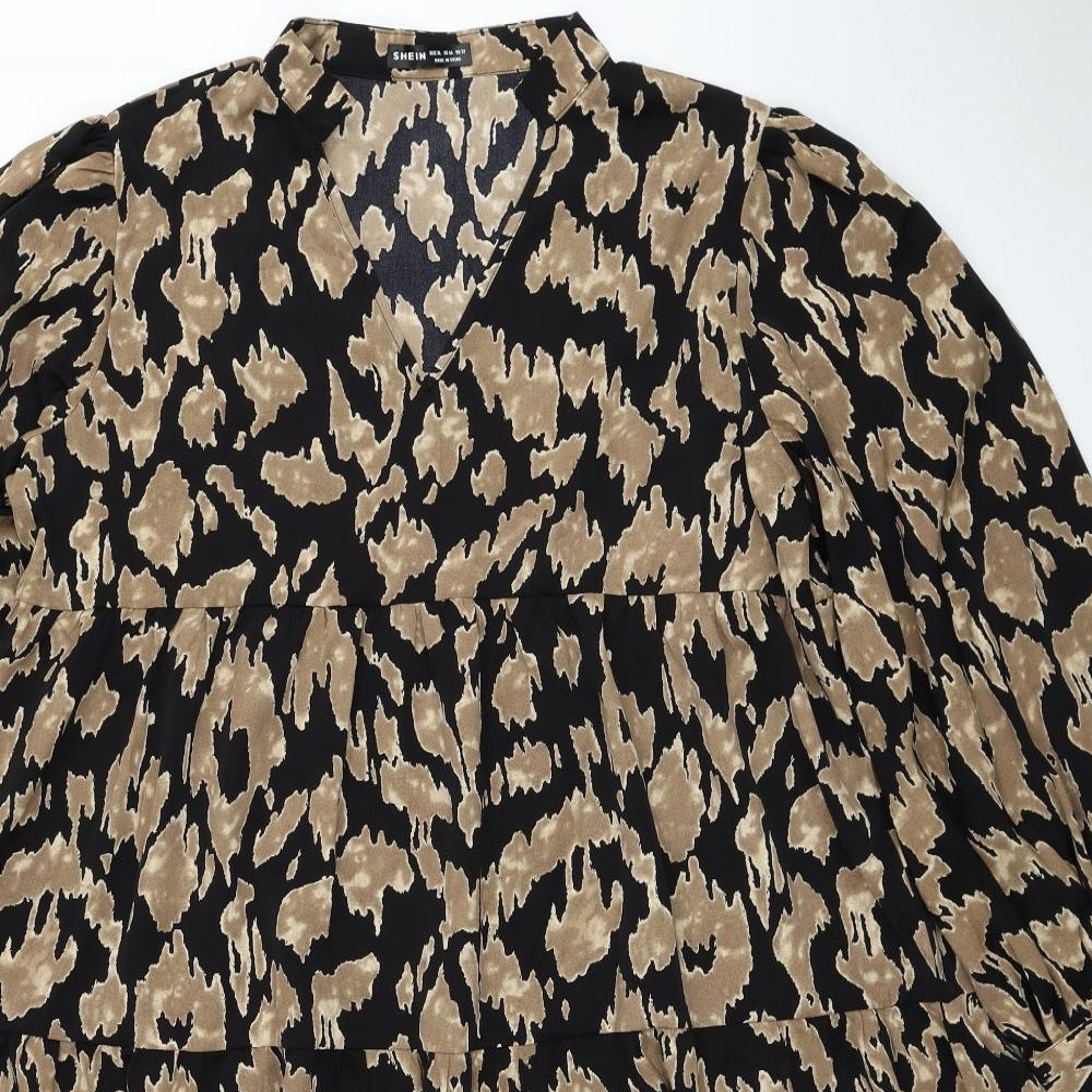 SheIn Womens Brown Animal Print Polyester A-Line Size XL V-Neck Pullover - Leopard Print