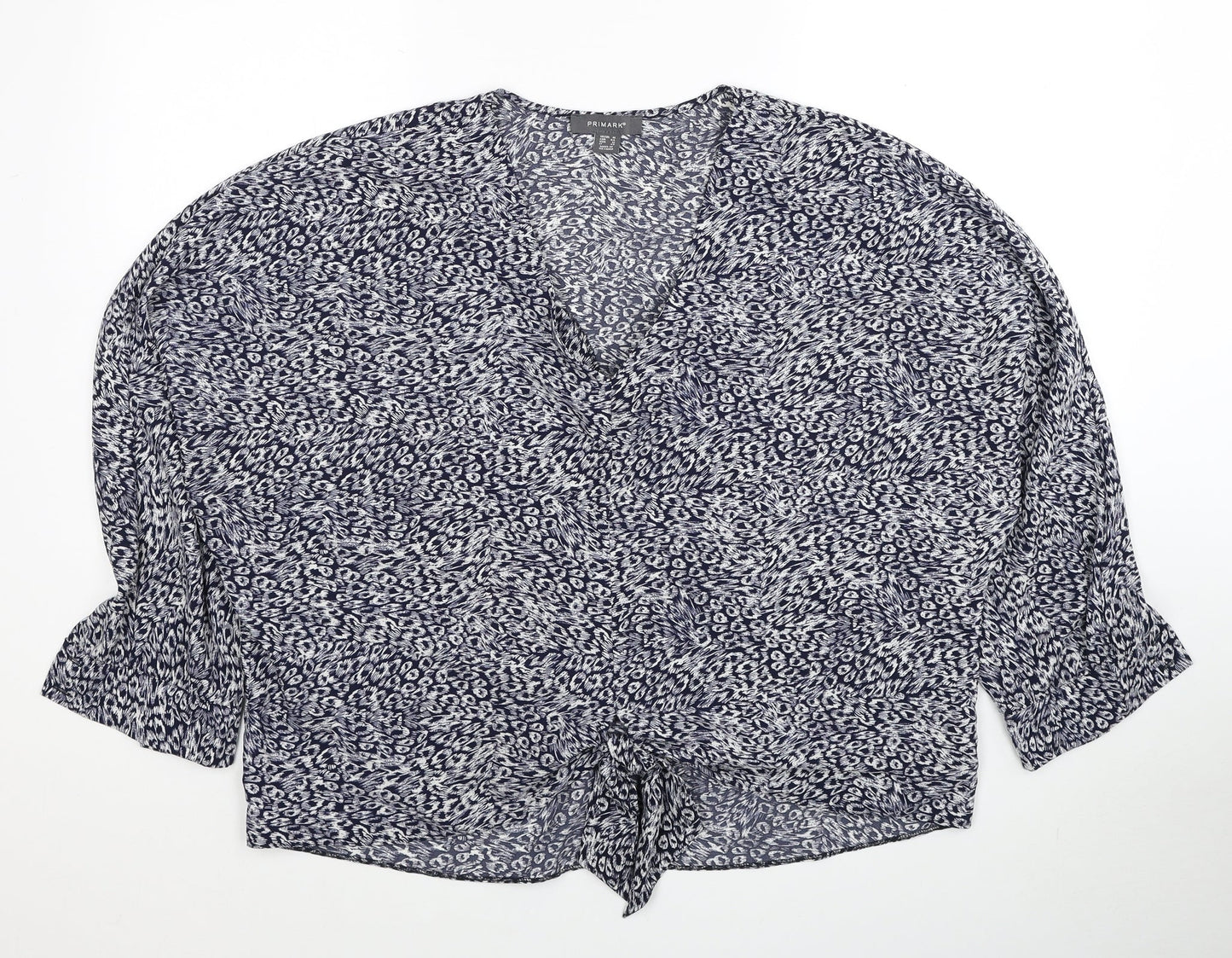 Primark Womens Blue Geometric Polyester Basic Blouse Size 16 V-Neck - Knot Front