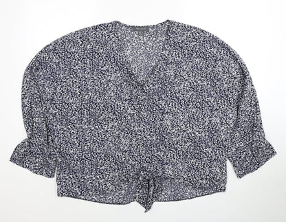 Primark Womens Blue Geometric Polyester Basic Blouse Size 16 V-Neck - Knot Front