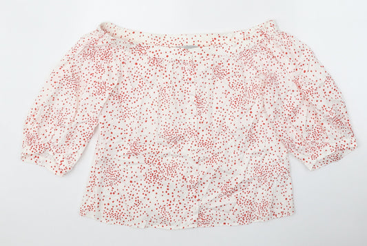 H&M Womens White Polka Dot Cotton Basic Blouse Size 12 Off the Shoulder