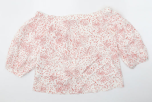 H&M Womens White Polka Dot Cotton Basic Blouse Size 12 Off the Shoulder