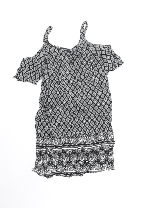 Papaya Womens Black Geometric Polyester Shift Size 8 V-Neck Pullover - Cold Shoulder