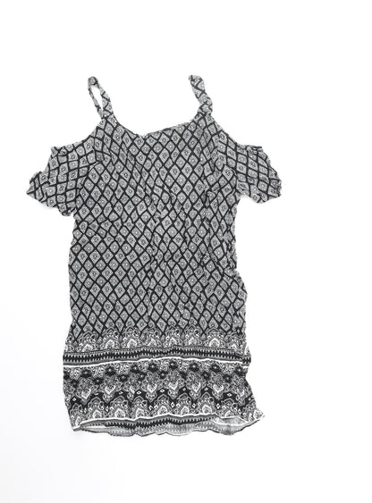 Papaya Womens Black Geometric Polyester Shift Size 8 V-Neck Pullover - Cold Shoulder