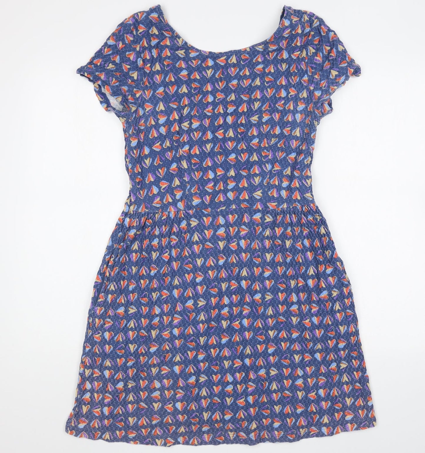 NEXT Womens Blue Geometric Cotton Skater Dress Size 12 Scoop Neck Pullover