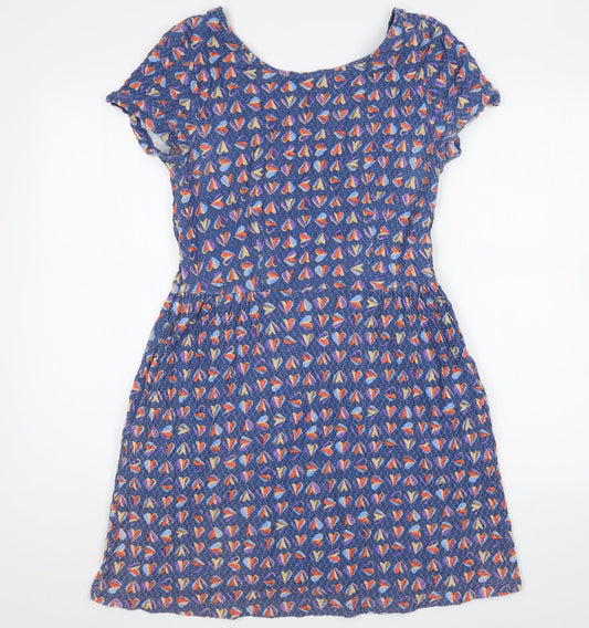 NEXT Womens Blue Geometric Cotton Skater Dress Size 12 Scoop Neck Pullover