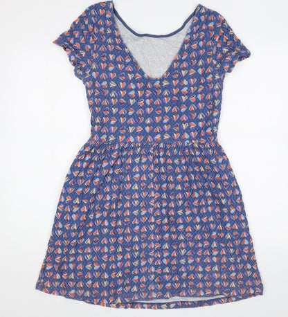 NEXT Womens Blue Geometric Cotton Skater Dress Size 12 Scoop Neck Pullover