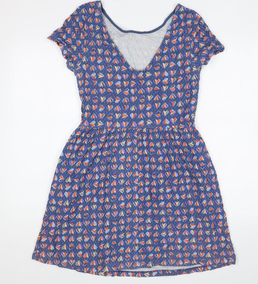 NEXT Womens Blue Geometric Cotton Skater Dress Size 12 Scoop Neck Pullover