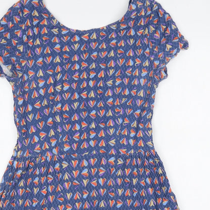 NEXT Womens Blue Geometric Cotton Skater Dress Size 12 Scoop Neck Pullover