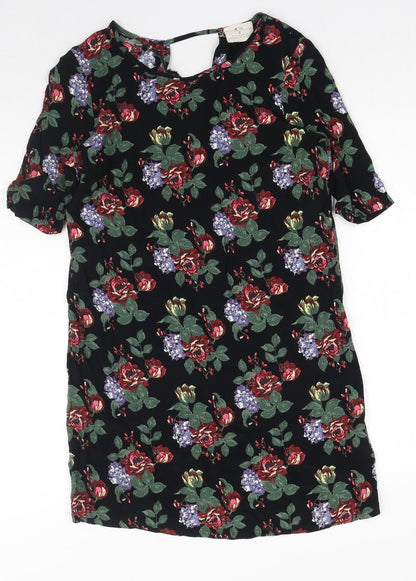 Pins and Needles Womens Black Floral Viscose Shift Size S Round Neck Pullover