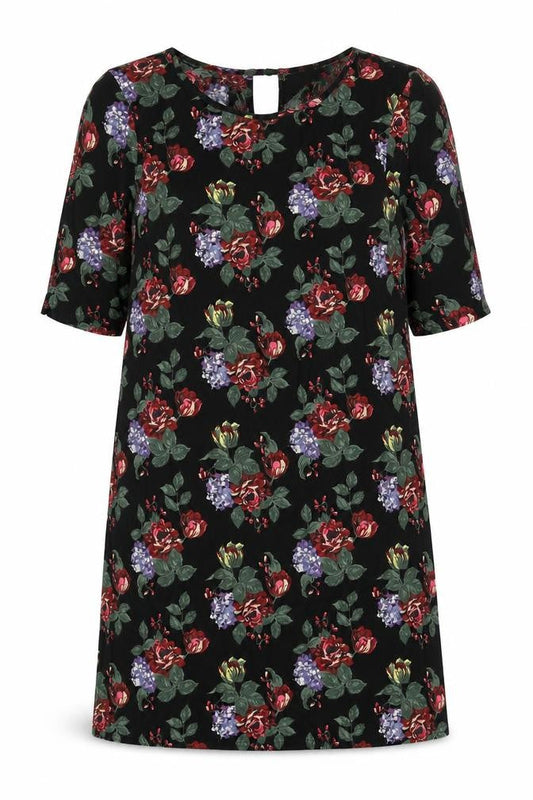 Pins and Needles Womens Black Floral Viscose Shift Size S Round Neck Pullover