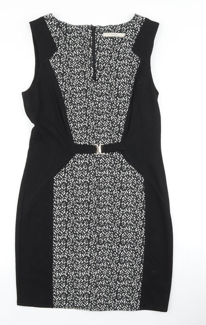 NEXT Womens Black Geometric Viscose A-Line Size 10 Boat Neck Zip