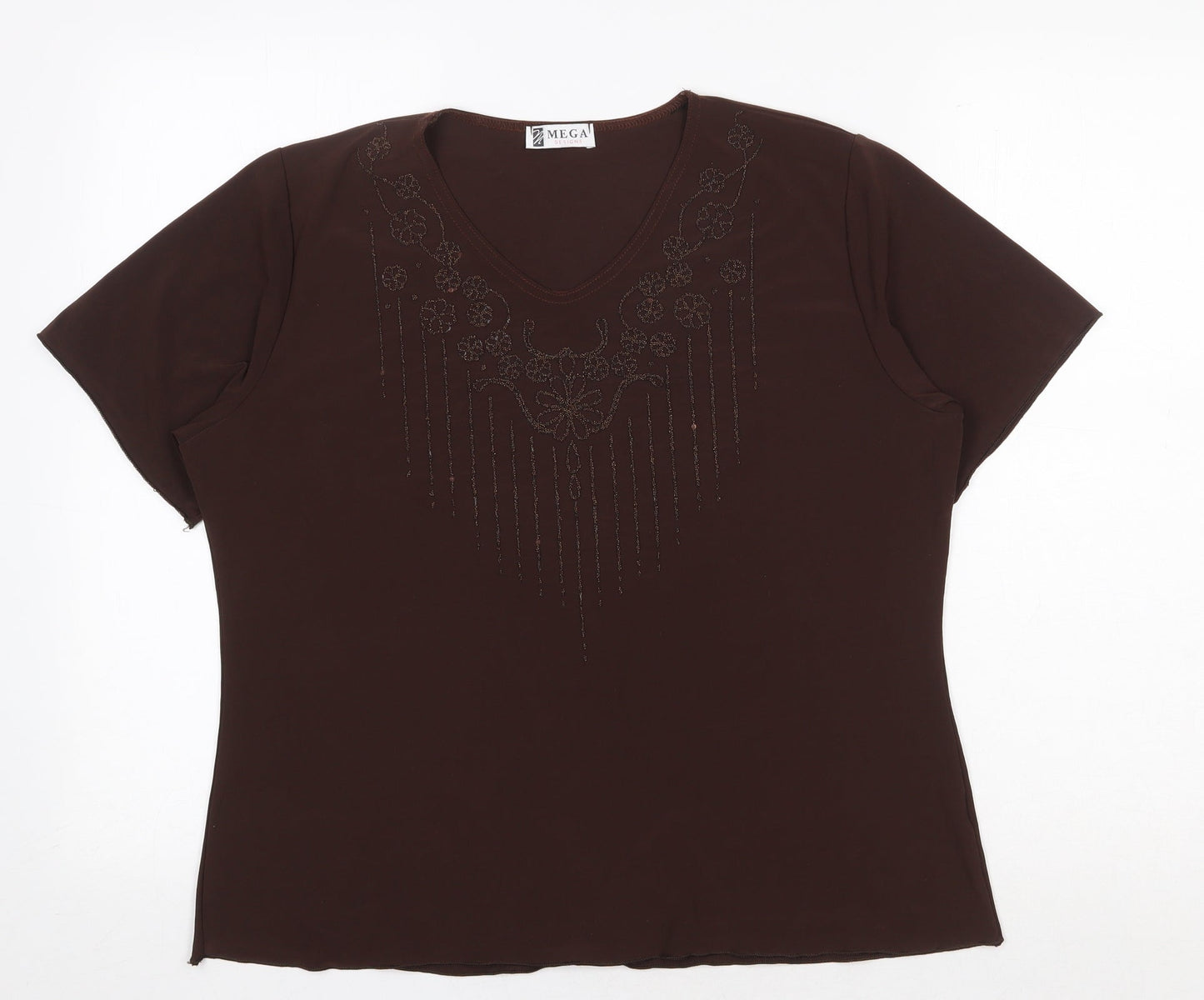 prewor Womens Brown Polyester Basic T-Shirt Size XL V-Neck