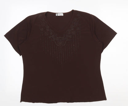 prewor Womens Brown Polyester Basic T-Shirt Size XL V-Neck