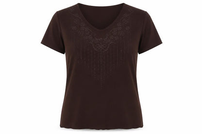 prewor Womens Brown Polyester Basic T-Shirt Size XL V-Neck