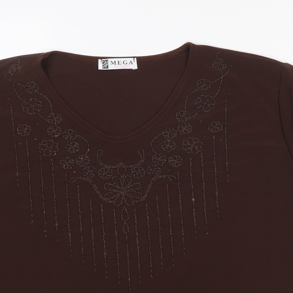 prewor Womens Brown Polyester Basic T-Shirt Size XL V-Neck