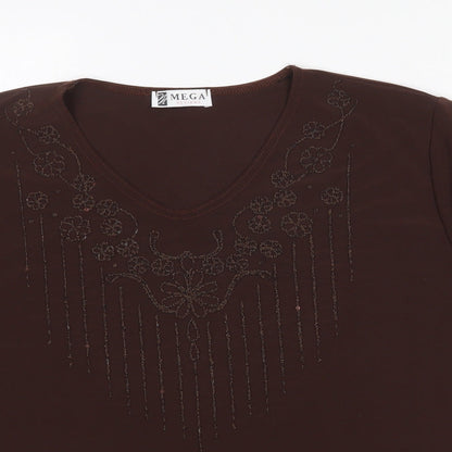prewor Womens Brown Polyester Basic T-Shirt Size XL V-Neck