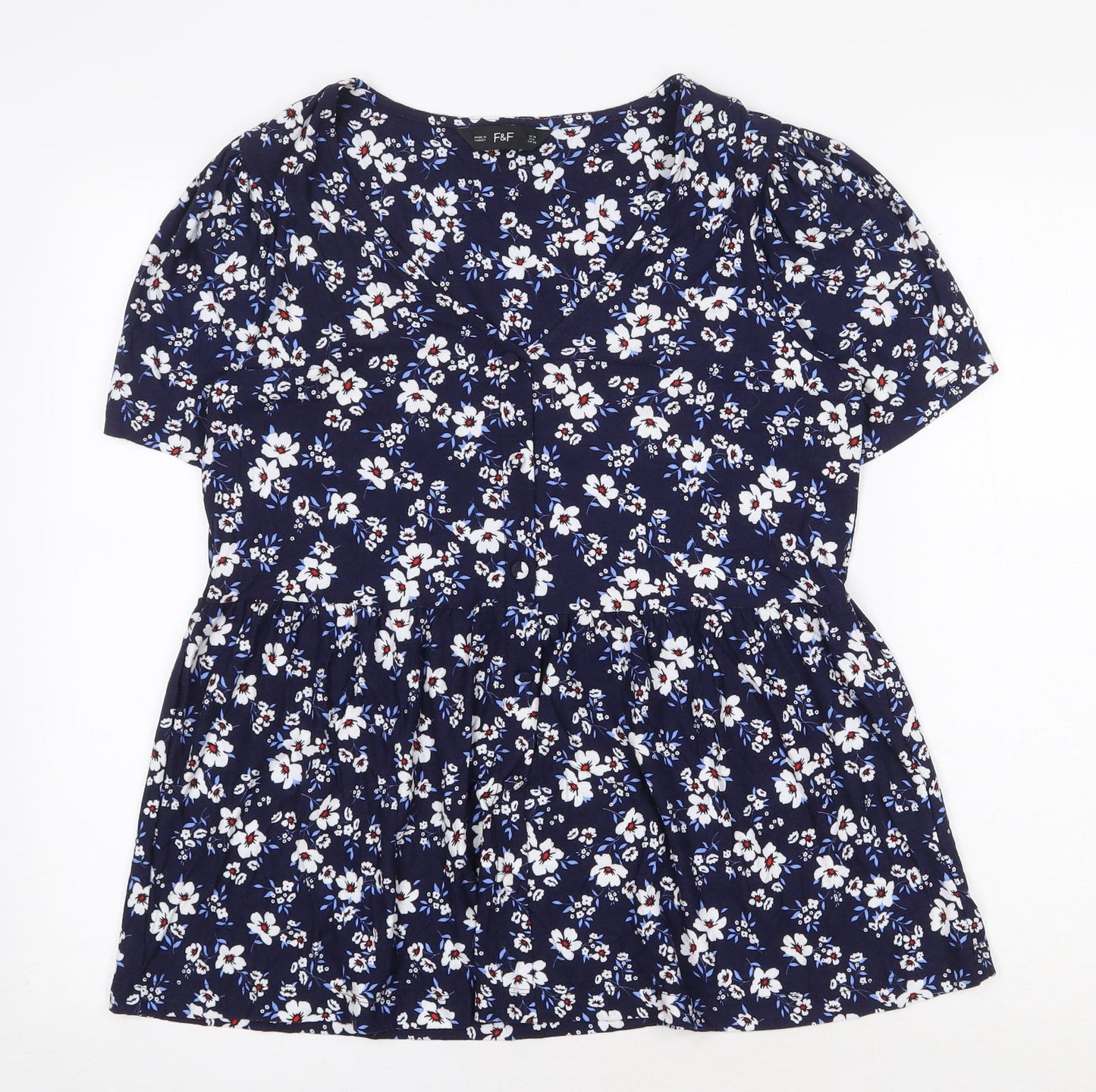 F&F Womens Blue Floral Viscose Basic Blouse Size 10 V-Neck