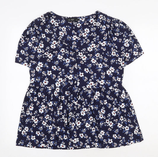 F&F Womens Blue Floral Viscose Basic Blouse Size 10 V-Neck
