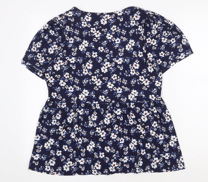 F&F Womens Blue Floral Viscose Basic Blouse Size 10 V-Neck