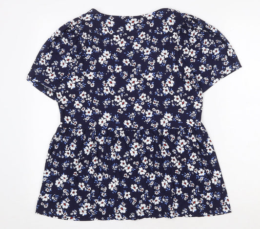F&F Womens Blue Floral Viscose Basic Blouse Size 10 V-Neck