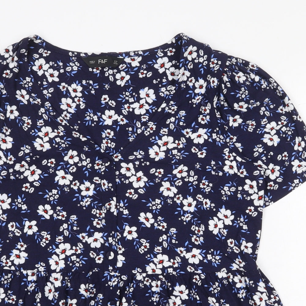 F&F Womens Blue Floral Viscose Basic Blouse Size 10 V-Neck