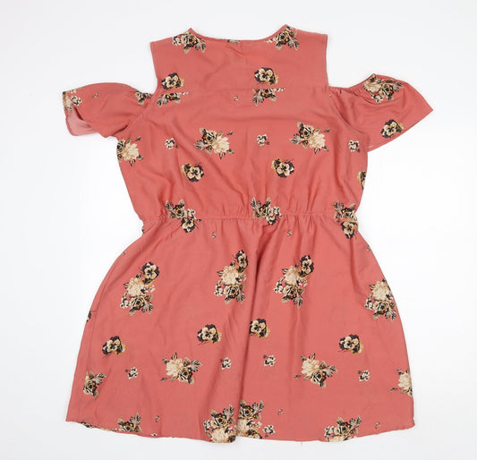 Peacocks Womens Pink Floral Polyester Fit & Flare Size 16 Round Neck Tie - Cold Shoulder