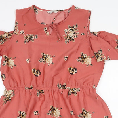 Peacocks Womens Pink Floral Polyester Fit & Flare Size 16 Round Neck Tie - Cold Shoulder