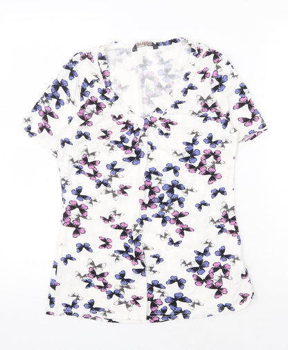BHS Womens White Geometric Viscose Basic T-Shirt Size 8 V-Neck - Butterfly