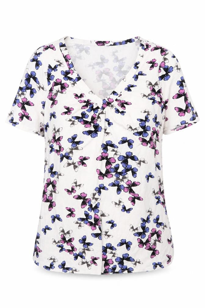 BHS Womens White Geometric Viscose Basic T-Shirt Size 8 V-Neck - Butterfly