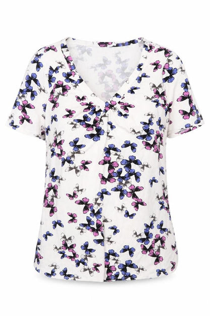 BHS Womens White Geometric Viscose Basic T-Shirt Size 8 V-Neck - Butterfly