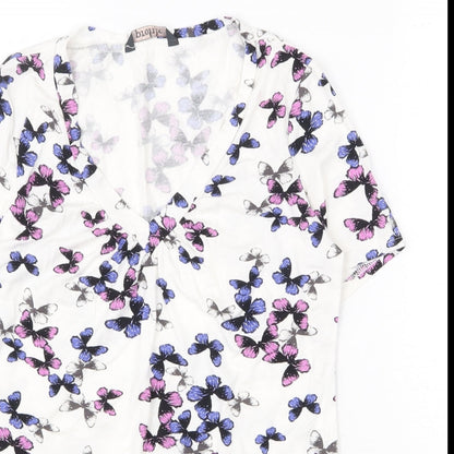 BHS Womens White Geometric Viscose Basic T-Shirt Size 8 V-Neck - Butterfly