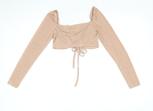 Boohoo Womens Pink Polyester Cropped T-Shirt Size 8 V-Neck