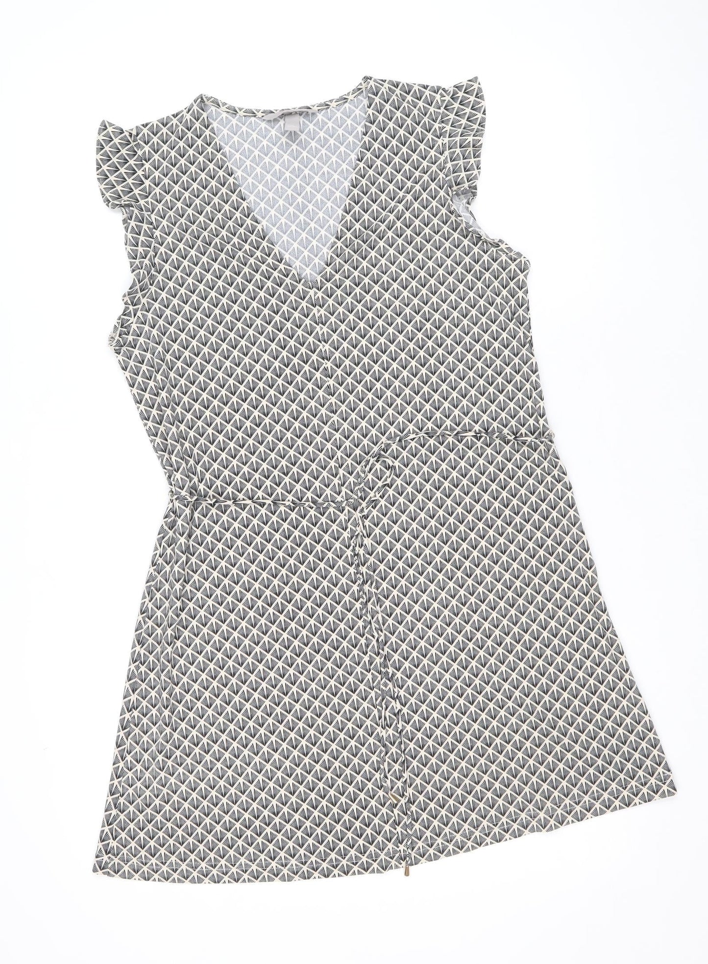 H&M Womens Beige Geometric Polyester Fit & Flare Size S V-Neck Pullover