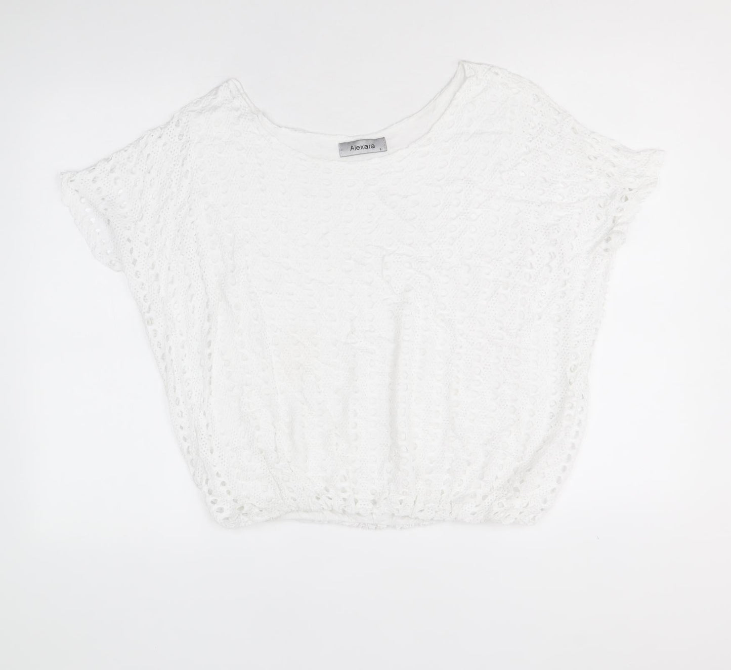 Alexara Womens White Viscose Cropped T-Shirt Size S Round Neck - Broderie Anglaise