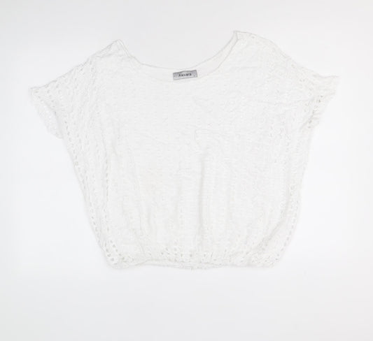 Alexara Womens White Viscose Cropped T-Shirt Size S Round Neck - Broderie Anglaise