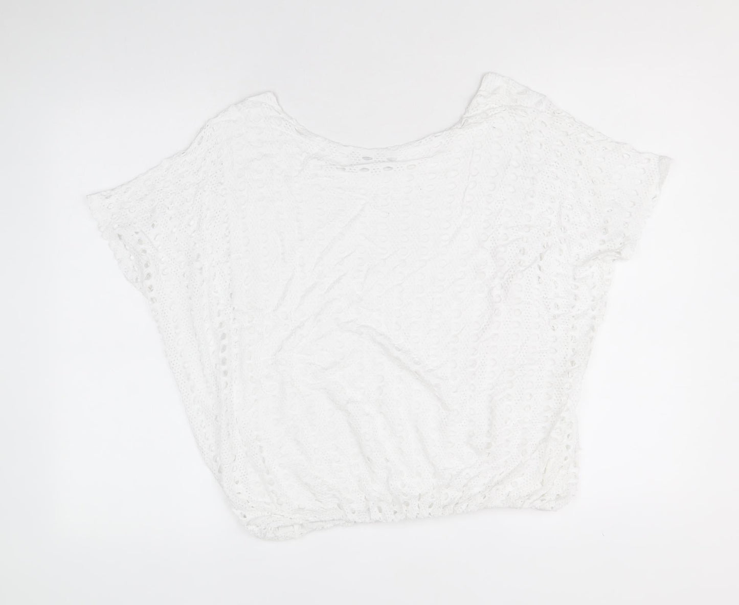 Alexara Womens White Viscose Cropped T-Shirt Size S Round Neck - Broderie Anglaise