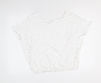 Alexara Womens White Viscose Cropped T-Shirt Size S Round Neck - Broderie Anglaise