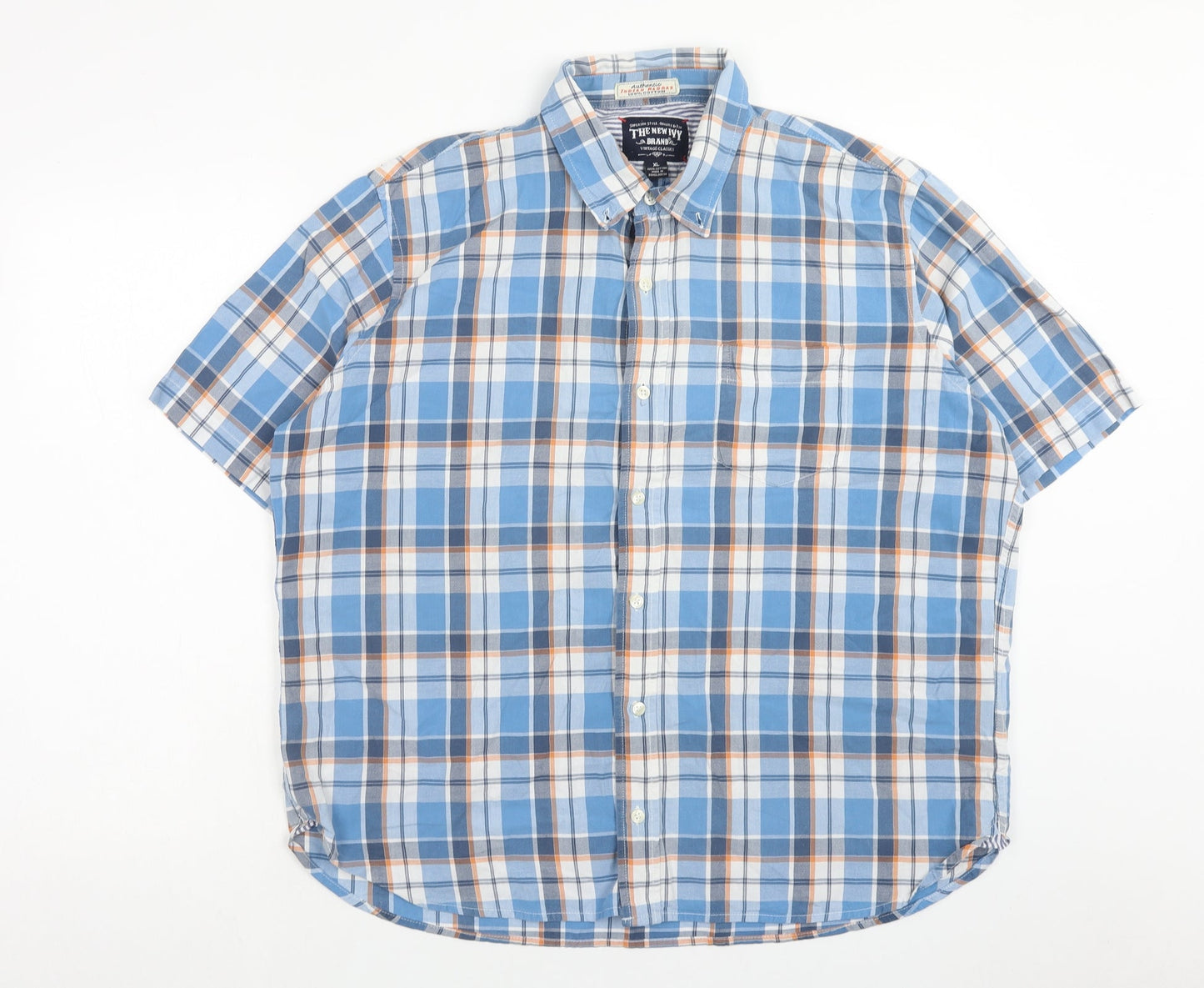 Authentic Mens Blue Plaid Cotton Button-Up Size XL Collared Button