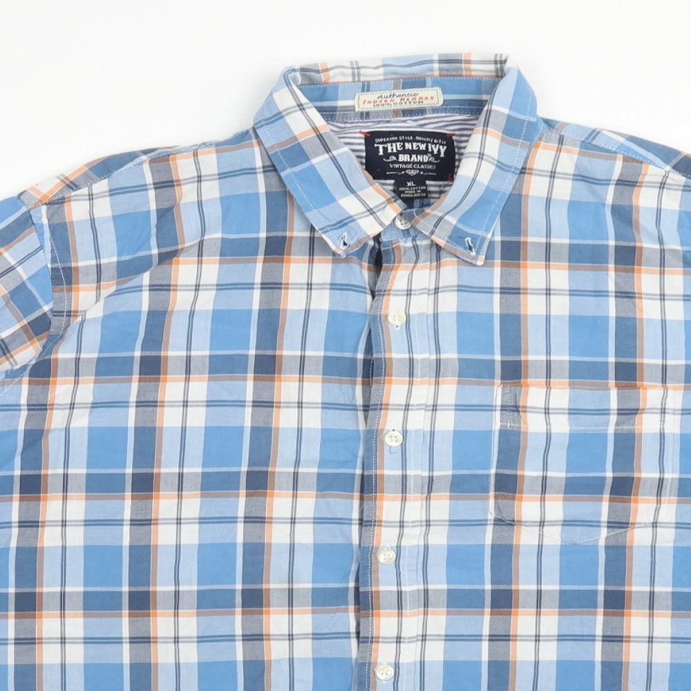 Authentic Mens Blue Plaid Cotton Button-Up Size XL Collared Button