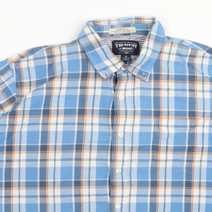 Authentic Mens Blue Plaid Cotton Button-Up Size XL Collared Button