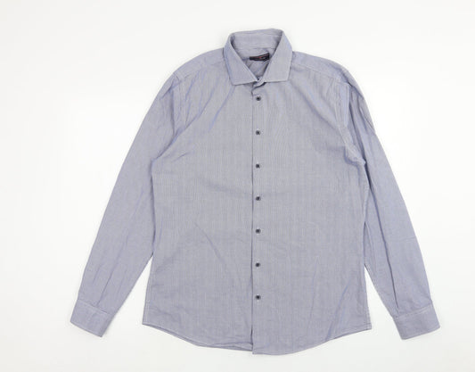 Mens UK Size 16 Luc Brevet Blue  Button-Up Long Sleeve Casual Shirt
